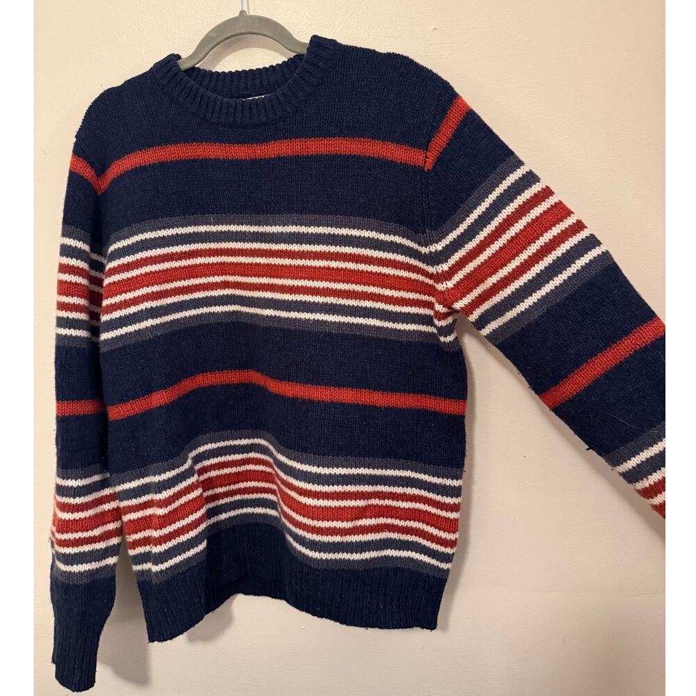L.L.Bean Men's M Regular 100% Lambswool Striped Crewneck Sweater Navy Red